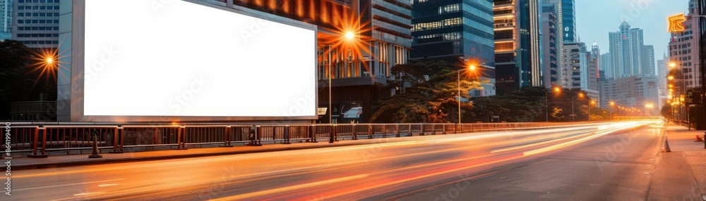 Empty billboard on a busy urban street at sunset, with blurred lights and tall buildings in the background. Empty billboard on a busy urban street at sunset, with blurred lights and tall buildings in the background.