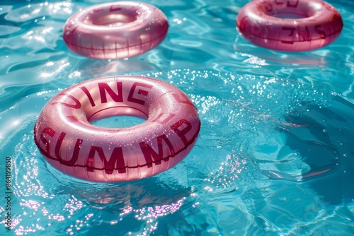 Summer season background with swimming pool water with summer word written with pink inflatable pool floats on blue watere photo