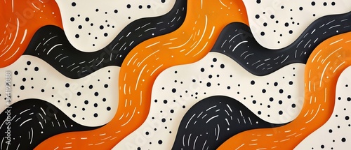 A colorful abstract design with black and orange lines