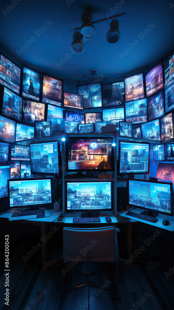 generated illustration a large wall with running monitors