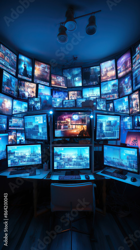 generated illustration a large wall with running monitors