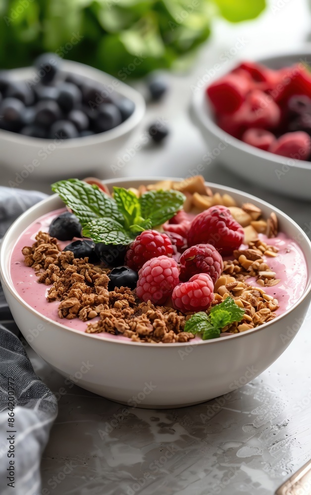 Delicious and colorful berry smoothie bowl topped with fresh raspberries, blueberries, granola, and mint leaves on a marble surface. Delicious and colorful berry smoothie bowl topped with fresh raspberries, blueberries, granola, and mint leaves on a marble surface.
