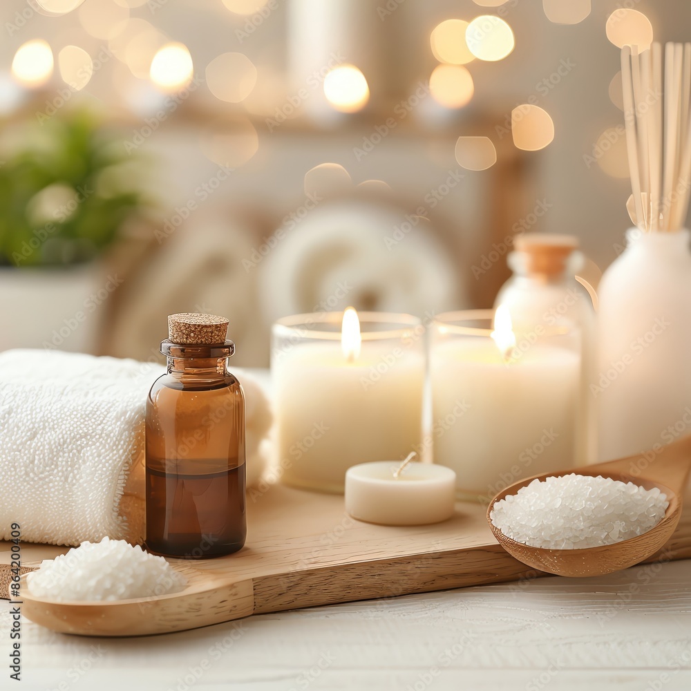 Tranquil spa setting with candles, essential oils, and bath salts for relaxation and wellness. Perfect for promoting a serene atmosphere. Tranquil spa setting with candles, essential oils, and bath salts for relaxation and wellness. Perfect for promoting a serene atmosphere.