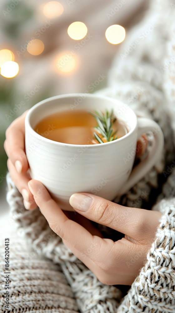 Warm cozy setting with hands holding a mug of herbal tea, wrapped in a knitted sweater, with blurred lights in the background.