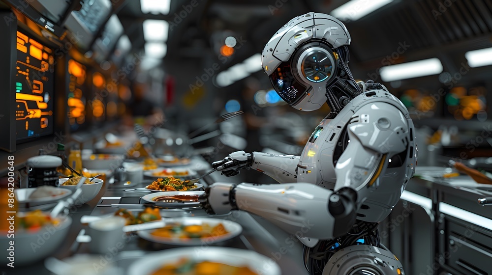 Fototapeta premium Futuristic robot serving food in a technologically advanced kitchen with neon lighting, representing the integration of AI in culinary arts.