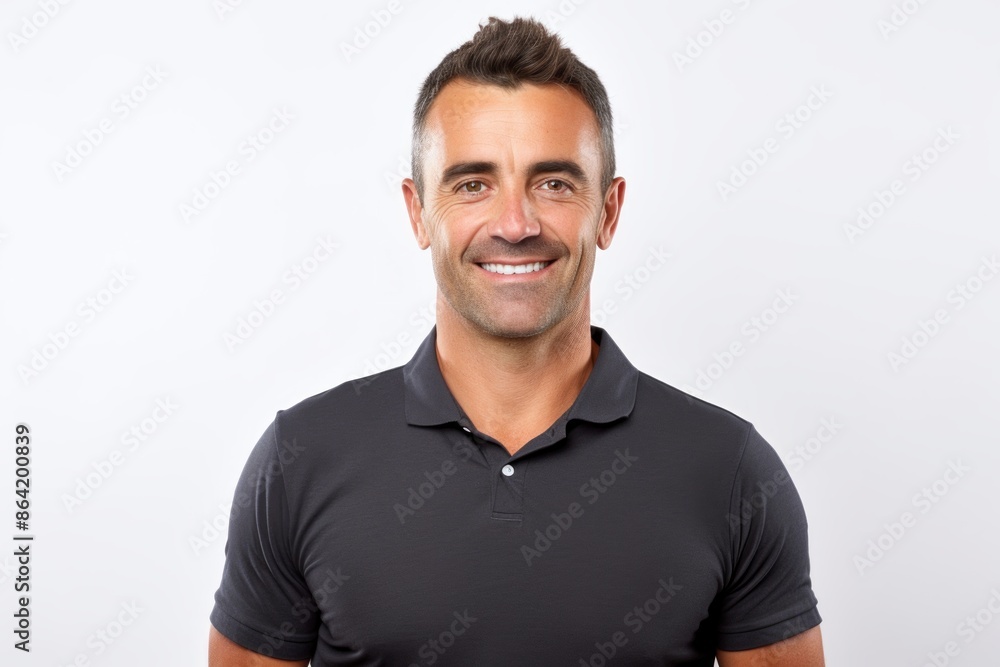 Portrait of a happy man in his 30s wearing a sporty polo shirt over white background Portrait of a happy man in his 30s wearing a sporty polo shirt over white background