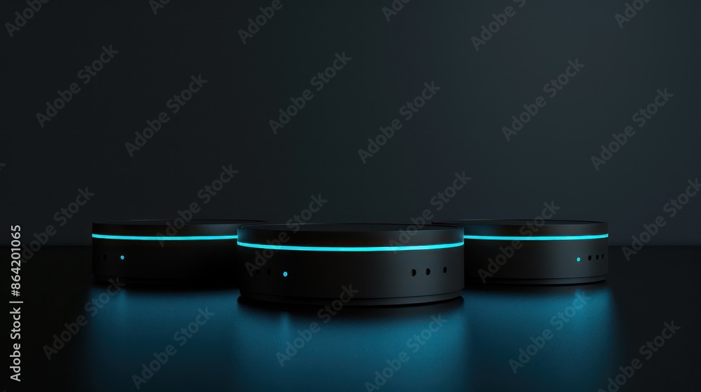 Three smart speakers with glowing blue light rings. Three smart speakers with glowing blue light rings.