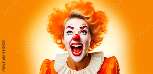 Portrait and front view of a screaming female clown looking at camera against on white yellow-orange background with copy space. Generative Ai.