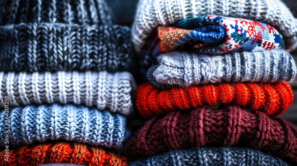 Snow hats and beanies stacked in a pile Snow hats and beanies stacked in a pile