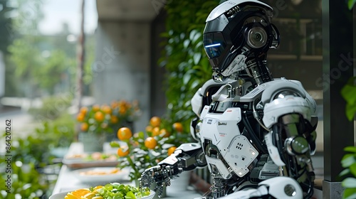 A futuristic robot tending to plants in an outdoor urban garden, showcasing advances in technology and nature integration. photo