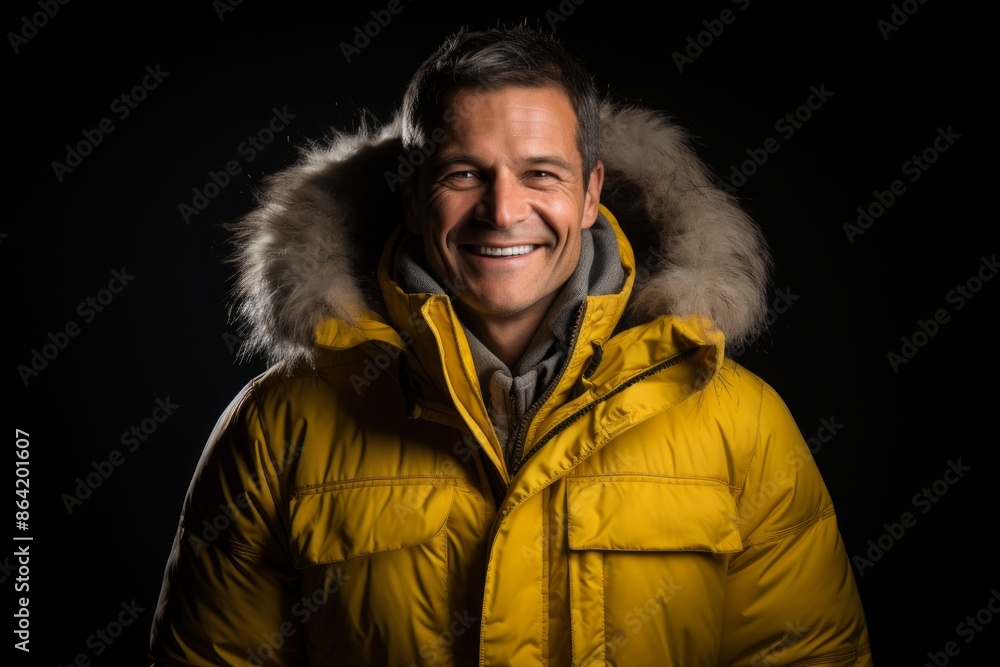 Portrait of a joyful man in his 40s wearing a warm parka while standing against white background Portrait of a joyful man in his 40s wearing a warm parka while standing against white background
