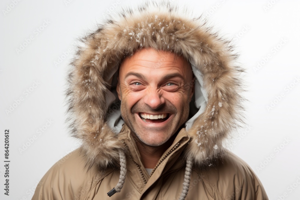 Portrait of a joyful man in his 40s wearing a warm parka isolated on white background Portrait of a joyful man in his 40s wearing a warm parka isolated on white background