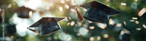 Graduation caps thrown in the air