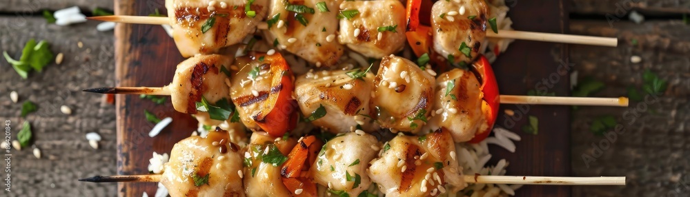 Grilled chicken skewers with vegetables and herbs served on a wooden board, capturing a delicious and healthy meal option. Grilled chicken skewers with vegetables and herbs served on a wooden board, capturing a delicious and healthy meal option.
