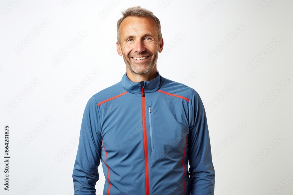 Portrait of a tender man in his 40s wearing a moisture-wicking running shirt while standing against white background Portrait of a tender man in his 40s wearing a moisture-wicking running shirt while standing against white background