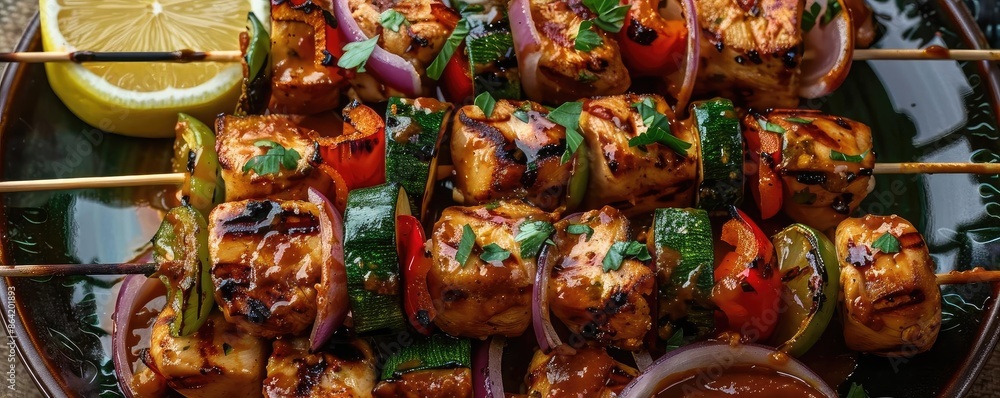 Grilled chicken skewers with vegetables, cilantro, and lemon wedge on the side, served on a green plate, ideal for barbecue themes. Grilled chicken skewers with vegetables, cilantro, and lemon wedge on the side, served on a green plate, ideal for barbecue themes.