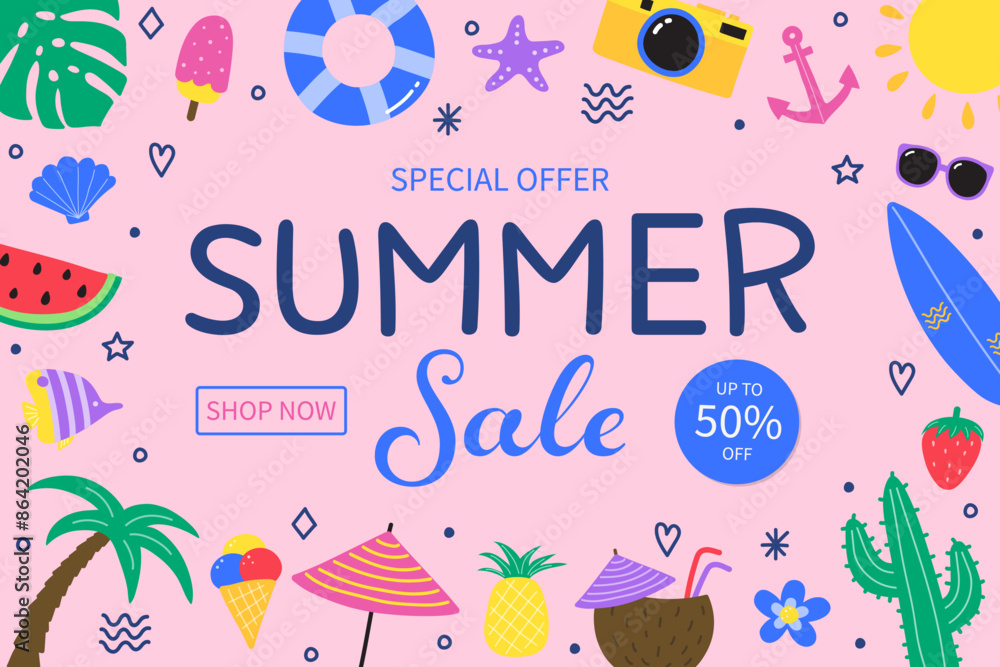 Colourful creative Summer Sale background. Design with holiday decorations. Vector illustration Colourful creative Summer Sale background. Design with holiday decorations. Vector illustration
