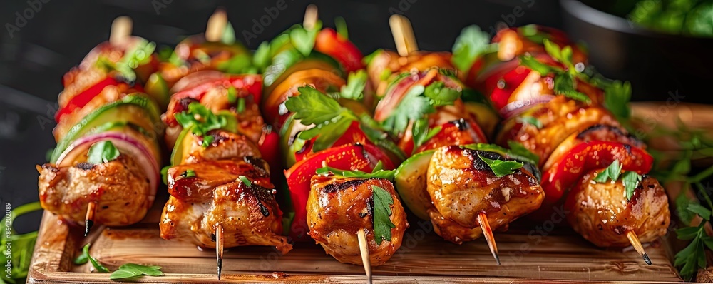 Delicious grilled chicken skewers with colorful vegetables, garnished with fresh herbs, perfect for a tasty barbecue or summer meal. Delicious grilled chicken skewers with colorful vegetables, garnished with fresh herbs, perfect for a tasty barbecue or summer meal.