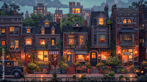a quaint village at night illuminated warmly from within by glowing with light streaming through their windows.Generative AI