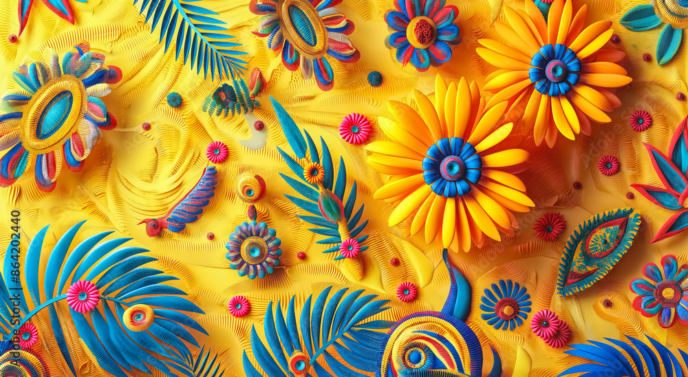 A vibrant artwork featuring stylized yellow and blue flowers with intricate green foliage patterns on a yellow background A vibrant artwork featuring stylized yellow and blue flowers with intricate green foliage patterns on a yellow background