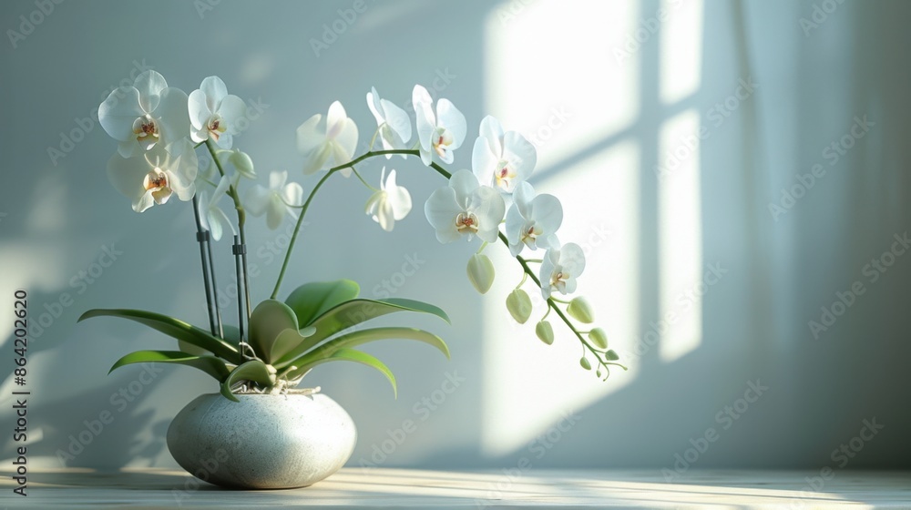 Tropical orchids, rare and beautiful, are highlighted by a minimalist, simple setting. Tropical orchids, rare and beautiful, are highlighted by a minimalist, simple setting.