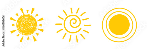 Cute cartoon sun icon set. Hand drawn summer elements. Vector illustration