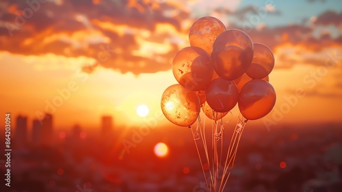 Holding a bunch of heliumfilled silver balloons in one hand photo