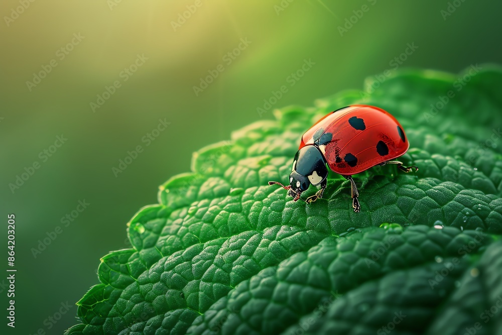 Fototapeta premium Ladybug crawling on a fresh green leaf, bright daylight, ultracloseup, vivid red and green contrast, capturing tiny details and natural textures, macro photography