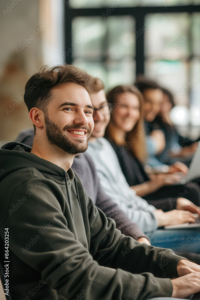 Eine Reihe lächelnder Menschen, die mit Laptops auf Stühlen sitzen Eine Reihe lächelnder Menschen, die mit Laptops auf Stühlen sitzen