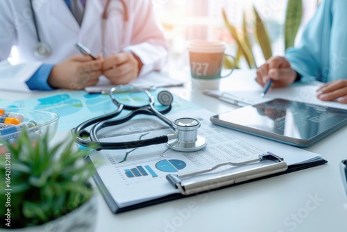 Medical professionals discussing patient data with stethoscope and tablet on desk in a clinical setting.