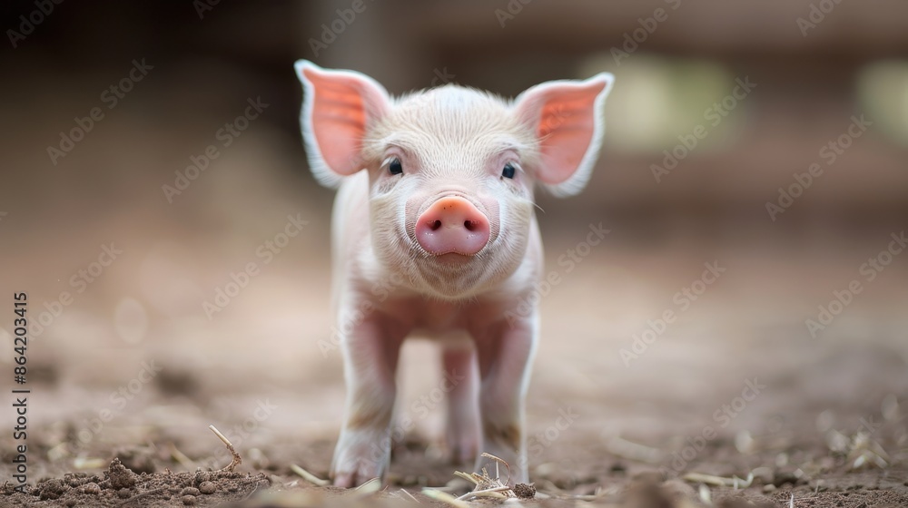 An adorable piglet exploring its surroundings in a farm setting, with a simple backdrop that underscores its playful and curious nature. An adorable piglet exploring its surroundings in a farm setting, with a simple backdrop that underscores its playful and curious nature.