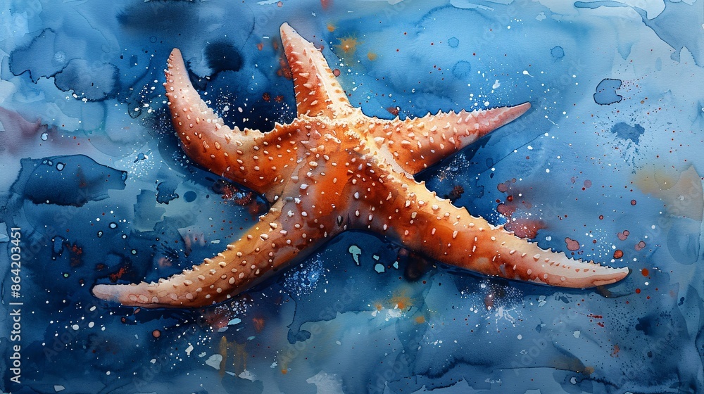 Watercolor Starfish on Blue Background. Watercolor Starfish on Blue Background.