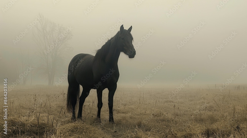 A horse standing gracefully in a pasture, its mane flowing in the breeze, against a minimal, simple background that enhances its beauty. A horse standing gracefully in a pasture, its mane flowing in the breeze, against a minimal, simple background that enhances its beauty.