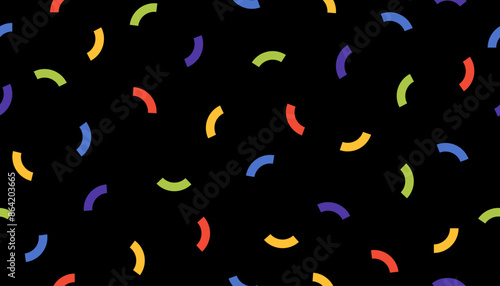 Abstract seamless pattern in Memphis style. Circle segment shapes repeating horizontal banner. Retro simple Geometric fabric surface, colorful vector background, black backdrop