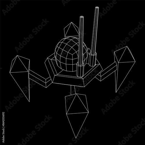 Spider robot with radar antenna. Nanobot, nanotechnology medical concept. Wireframe low poly mesh vector illustration