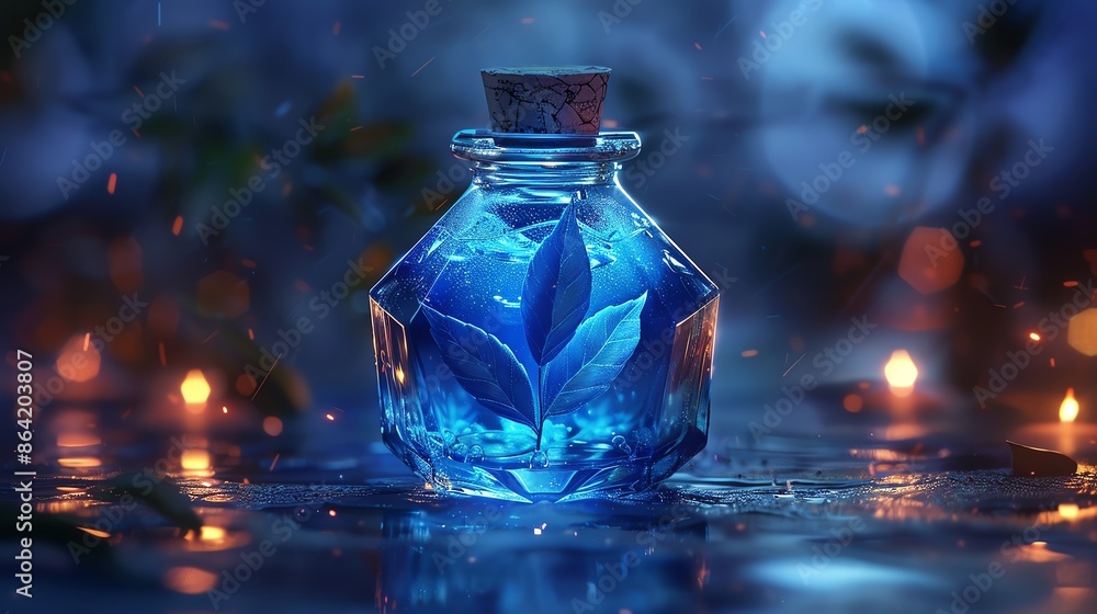 A shimmering blue elixir contained in a hexagonal vial A shimmering blue elixir contained in a hexagonal vial