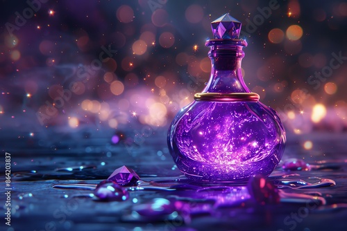 A deep purple potion enclosed in a diamondshaped vial with a gemstone stopper photo