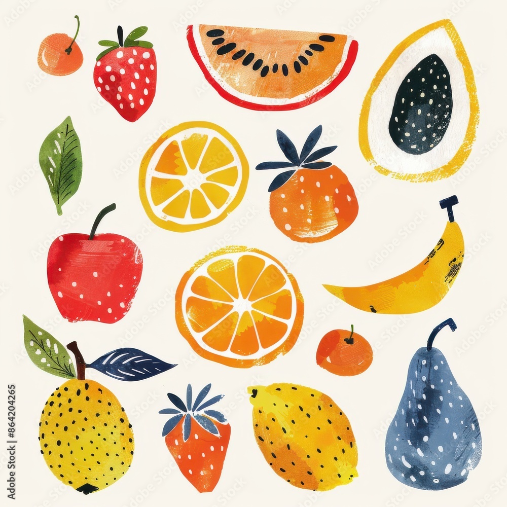 A set of watercolor paintings of various fruits, including oranges, bananas A set of watercolor paintings of various fruits, including oranges, bananas