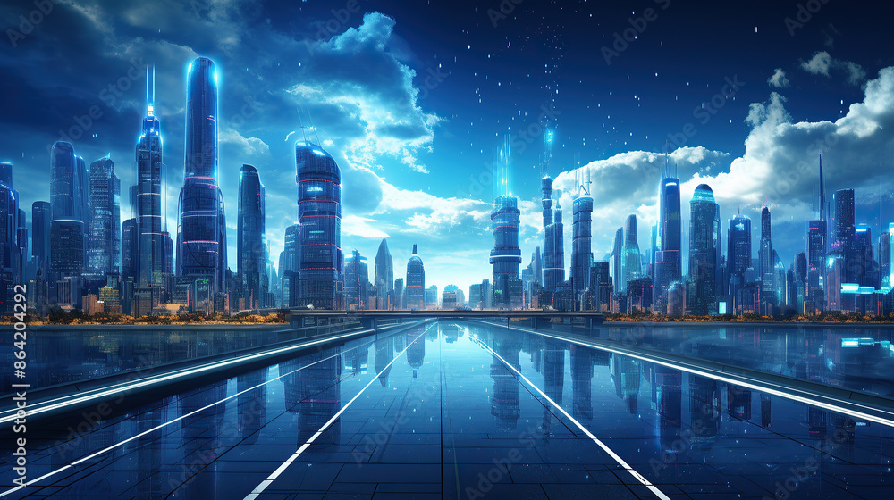 Fototapeta premium generated illustration of IT roadmap modern technology, City with futuristic city .