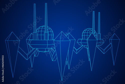 Spider robot with radar antenna. Nanobot, nanotechnology medical concept. Wireframe low poly mesh vector illustration