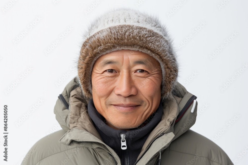 Portrait of a tender asian man in his 50s dressed in a warm ski hat while standing against white background Portrait of a tender asian man in his 50s dressed in a warm ski hat while standing against white background
