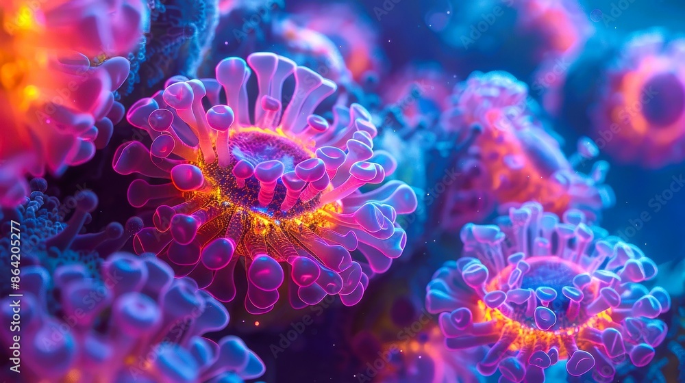 Close-up of vibrant pink and blue coral polyps, showcasing intricate textures and bioluminescent glow. Close-up of vibrant pink and blue coral polyps, showcasing intricate textures and bioluminescent glow.