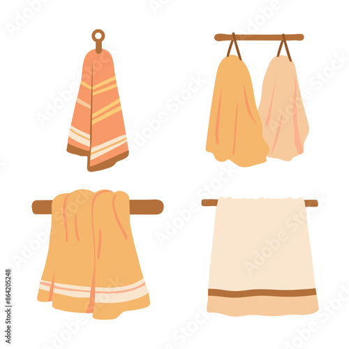 Bath towels vector illustrations set. Clean towels bundle isolated on white background. Domestic hygiene accessories, stacked rolled and hanging colorful hand towels. 