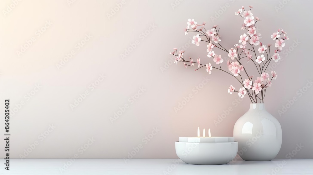 Minimalist decor with pink cherry blossom branches in a white vase and a candle, creating a serene and elegant atmosphere in a modern home setting. Minimalist decor with pink cherry blossom branches in a white vase and a candle, creating a serene and elegant atmosphere in a modern home setting.