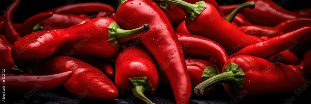 A Pile of Red Peppers with Water Droplets A Pile of Red Peppers with Water Droplets