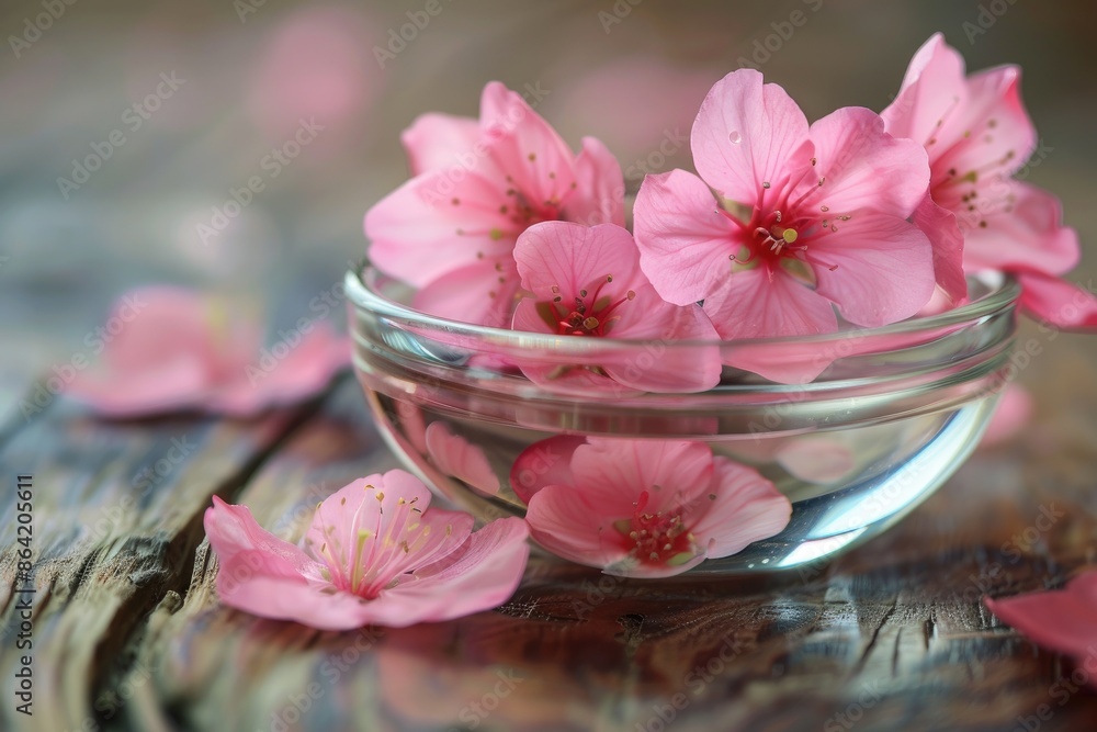 Beautiful pink blossoms in glass vessel resting on wooden surface Beautiful pink blossoms in glass vessel resting on wooden surface