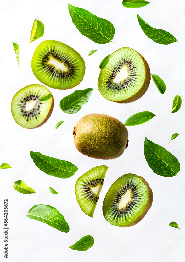 Fototapeta premium Kiwi fruit slice anf leaves levitating falling fly on white background