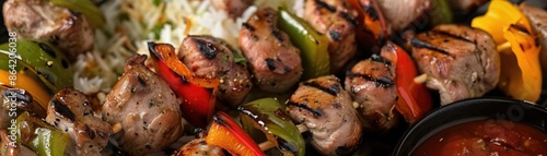 Delicious grilled meat and vegetable skewers served with a side of dipping sauce. Perfect for summer barbecues and outdoor gatherings.