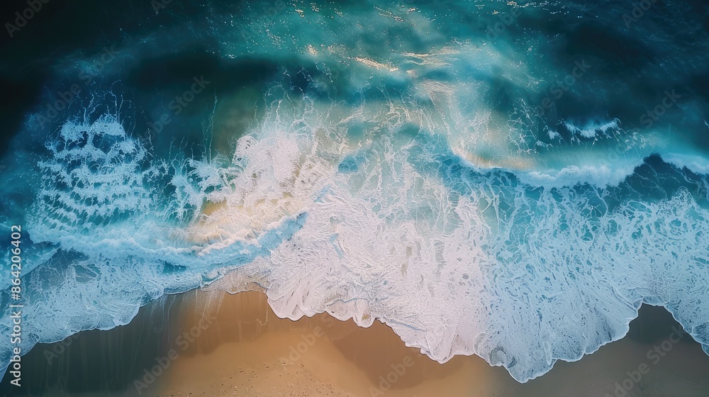 Empty beach with waves crashing on the shore captured by an aerial drone from above Empty beach with waves crashing on the shore captured by an aerial drone from above