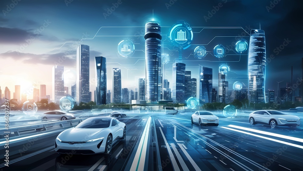 Fototapeta premium Futuristic Smart City with Autonomous Vehicles and Advanced Digital Network 